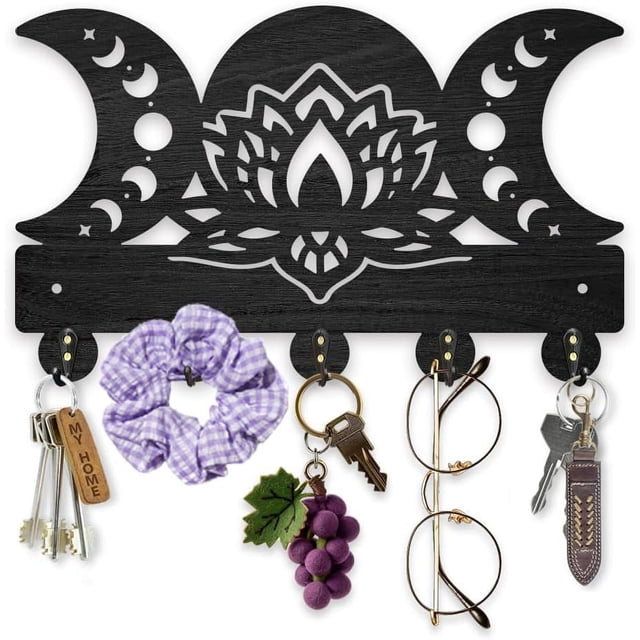Llavero de pared con diseño de flor de loto y luna, de madera, de 11,8 x 7,3 pulgadas, con diseño de fase lunar, con temática mágica, para abrigos y sombreros, 5 ganchos de aleación.
