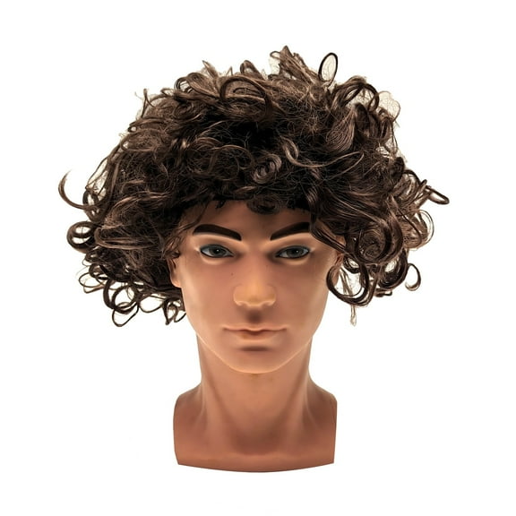 Mens Brown Natural Curly Wig Fake Wavy Hair Piece Funny Cosplay Halloween Party Costume Accessory