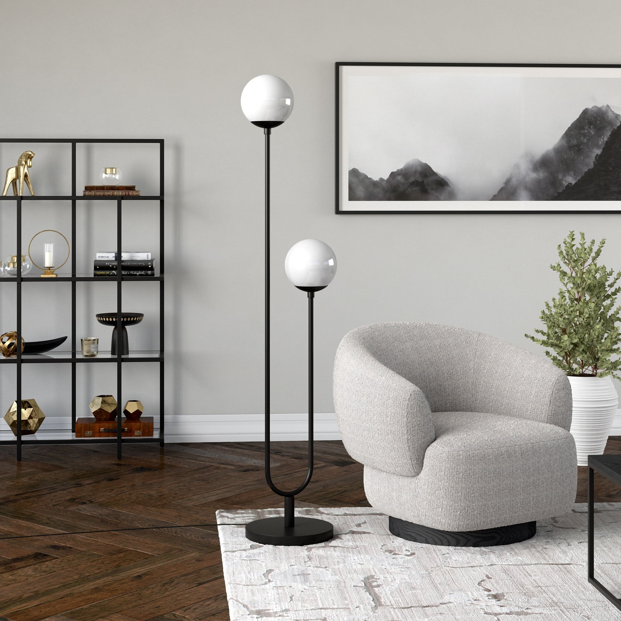Evelyn&Zoe Dufrene 2-Light Floor Lamp with Glass Shades, Brass/White Milk