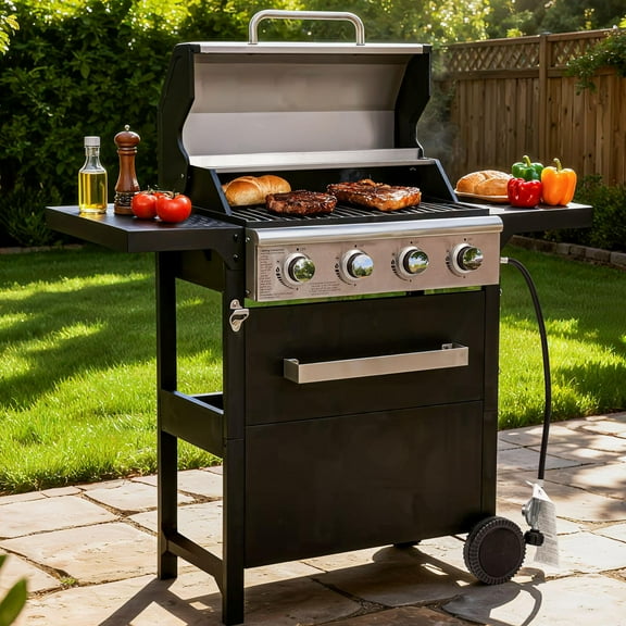YIORTWO 4 Burner Propane Gas Grill with Cover, 36,000 BTU Outdoor BBQ with Stainless Steel Lid & Storage Cabinet, Portable for Patio & Camping