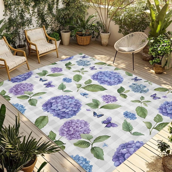 Fsddascl Purple Hydrangeas Outdoor Rug for Patio/Deck/Porch, Non-Slip Large Area Rug 4 x 6 Ft, Botanical Garden Floral Plaid Indoor Outdoor Rugs Washable Area Rugs, Reversible Camping Rug Carpet