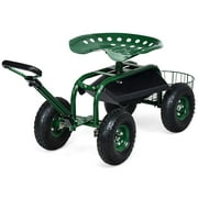 Costway Garden Cart Rolling Work Seat w/Tray Basket E xtendable Handle Green