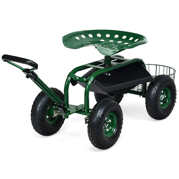 Costway Garden Cart Rolling Work Seat with Tray Basket E xtendable Handle Green