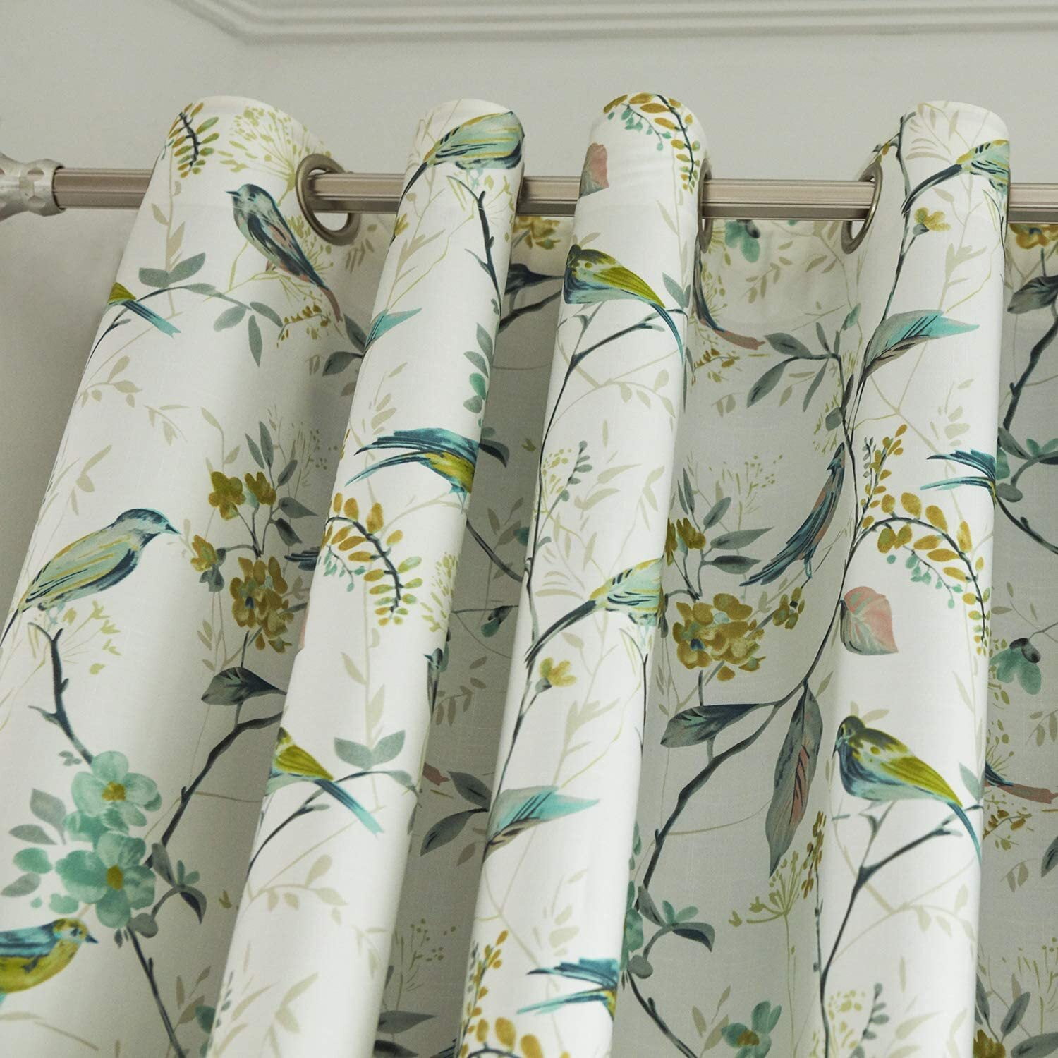 VOGOL Green Birds and Flower Printed Linen Curtains, Blackout Window Panels for Bedroom, One Panel, W52xL84, Grommet