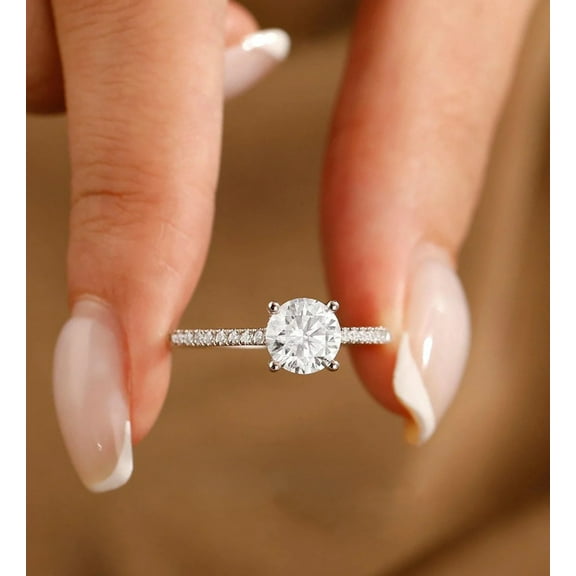 Jewelerix 1.5 CT Round Moissanite Engagement Ring for Women – 10K White Gold Plated Solitaire with Accents, Classic 4 Prong Setting – Wedding Proposal Ring