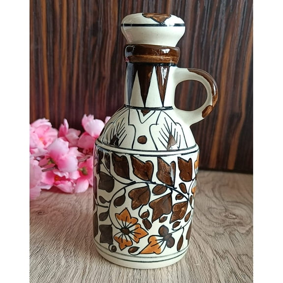India Meets India Ceramic Bottle/Jug/Jar/Oil Dispenser [Brown] Ceramic Storage Bottle for Oil, Vinegar, Sauces, Ketchups, Ceramic Bottle w/ Lid, 16 OZ (500 ML)