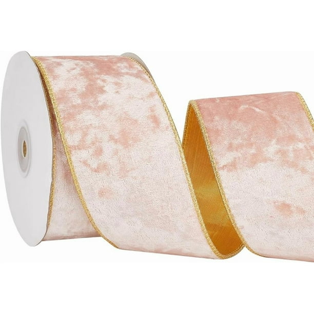Cinta de terciopelo rosa de 2,5 pulgadas con alambre, borde dorado suave, brillo metálico, cintas navideñas de una sola cara, rollo a granel con carrete