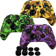 MXRC Silicone Rubber Cover Skin case Anti-Slip Water Transfer Customize Camouflage for Xbox One/S/X Controller x 3(Orange & Green & Purple) + FPS PRO Extra Height Thumb Grips x 8