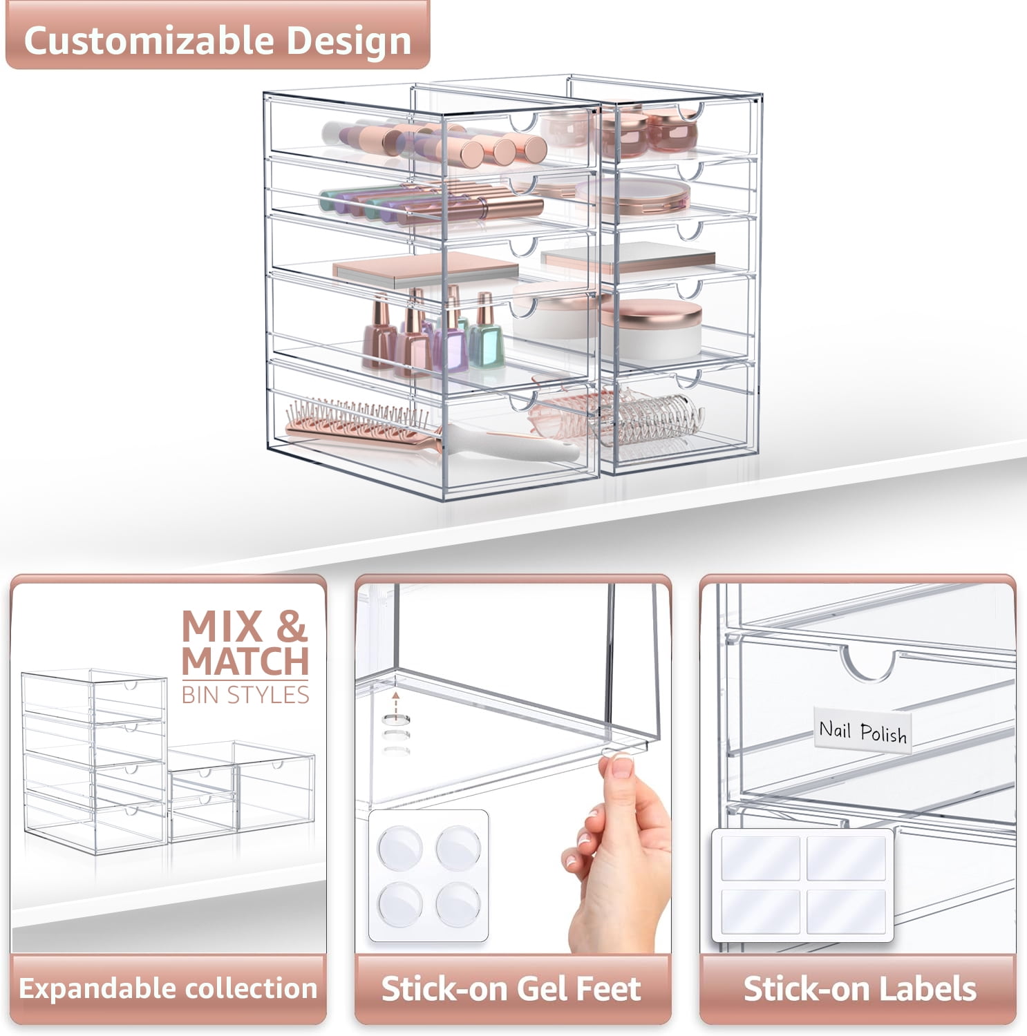 Sorbus 2-Piece Acrylic Makeup Organizer, 10 Drawer Stackable Storage Bins, Clear