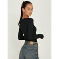 thumbnail image 4 of Female Long Sleeve Crop Top Square Neck Going Out Tops Cute Ribbed Knit Bow-Knot Lace Patchwork T Shirts Black XL, 4 of 6