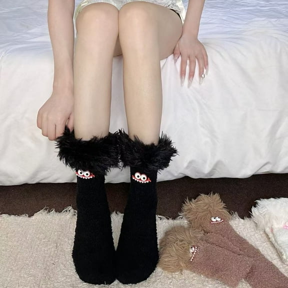 Women's Cartoon Monster Plush Socks, Fleece Lined Thickened Warm Sleeping Socks, Cozy Coral Fleece Home Socks for Indoor Lounging, Non-Slip Sole Comfortable House Socks with Playful Style Black