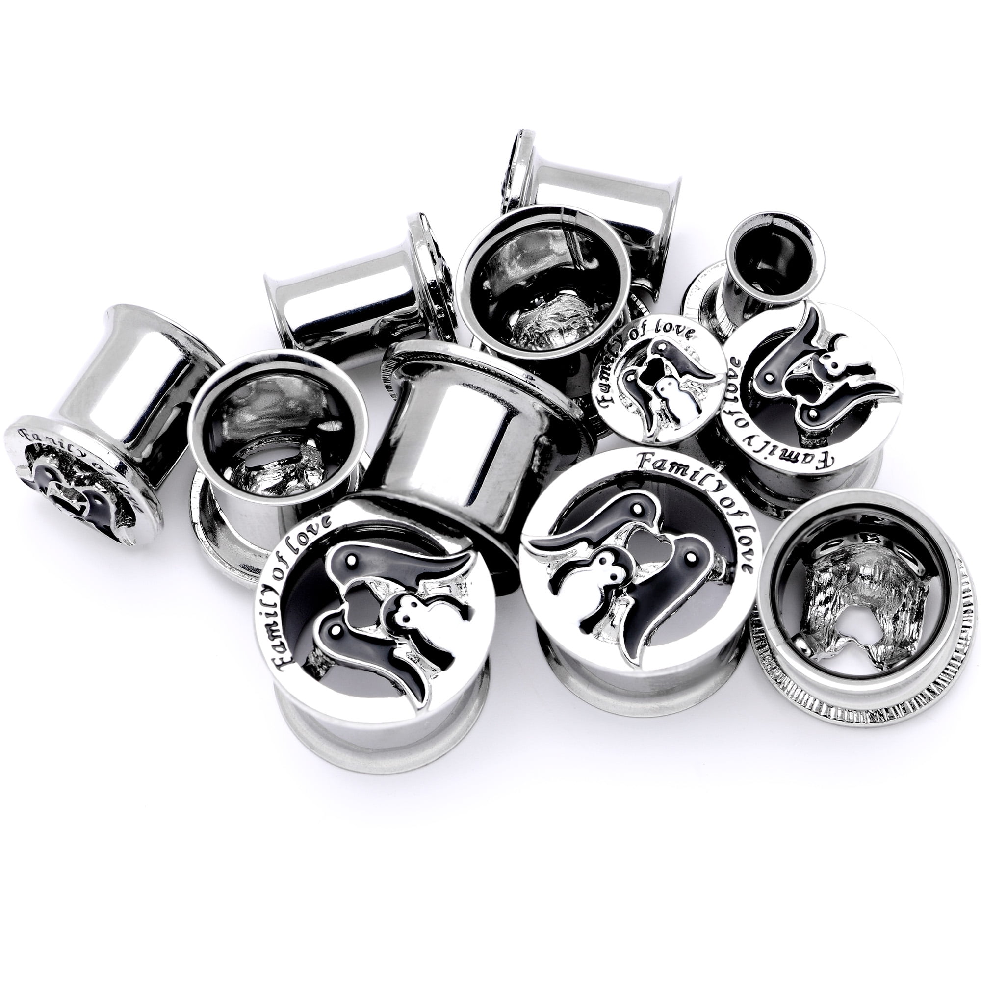 Body Candy Women 9/16" 2PC Steel Double Flare Tunnel Plug Set Family of Love Penguin Ear Plug Gauges 14mm