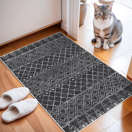Washable 2x3 Entryway Area Rug: Moroccan Low Pile Small Rugs - Non Slip Farmhouse Thin Bathroom Carpet Pet Friendly Indoor Floor Mat Front Door For Kitchen Bedroom Black