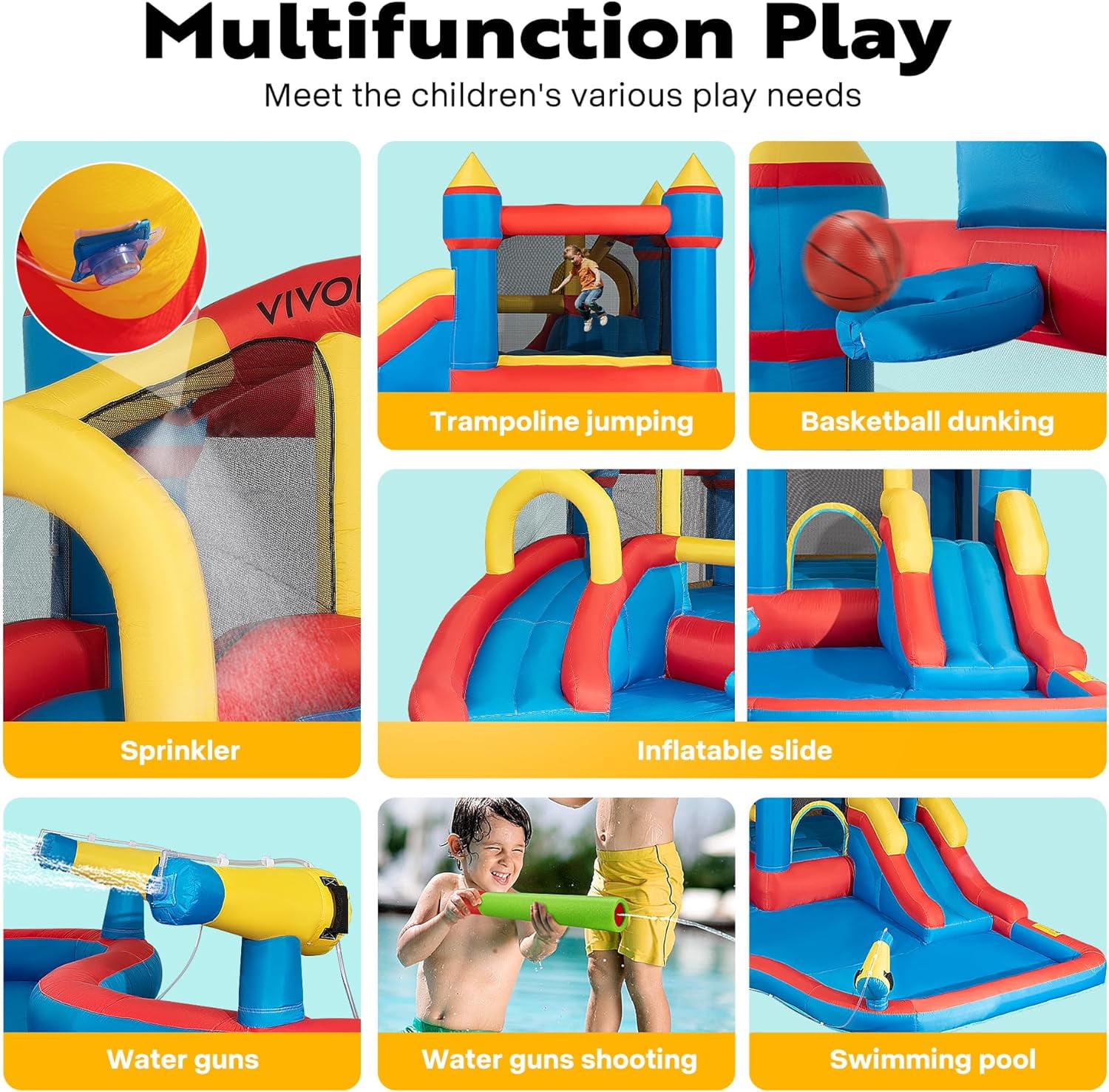 SPECSTAR Inflatable Bounce House Water Bouncer Jumping Castle with 450W Air Blower, Double Water Slide, Sprinkler, Splash Pool, Basketball Hoop, Water Gun, Climbing Wall for Kids Outdoor Backyard