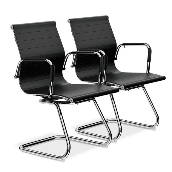 RTRWDC 2Pcs Black Faux Leather Ergonomic Office Guest Chairs - Electroplated Metal Frame, Sled Base, Removable Armrest Covers, Conference Reception Chairs