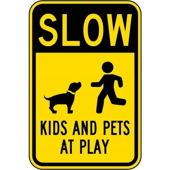 Metal Sign Warning Tin Sign Slow Kids And Pets At Play Aluminum Signs For Home Coffee Bar Wall Decor 8x12 Inch