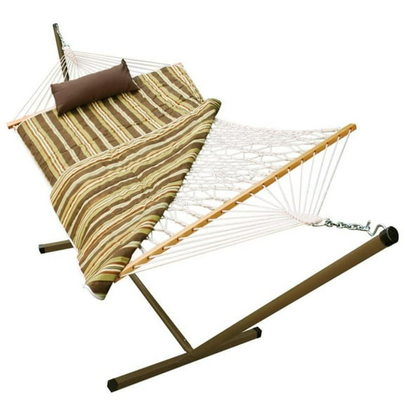 76" x 52" Cotton Rope Single 2-Point Hammock Stand, Brown Pad and Pillow Combo