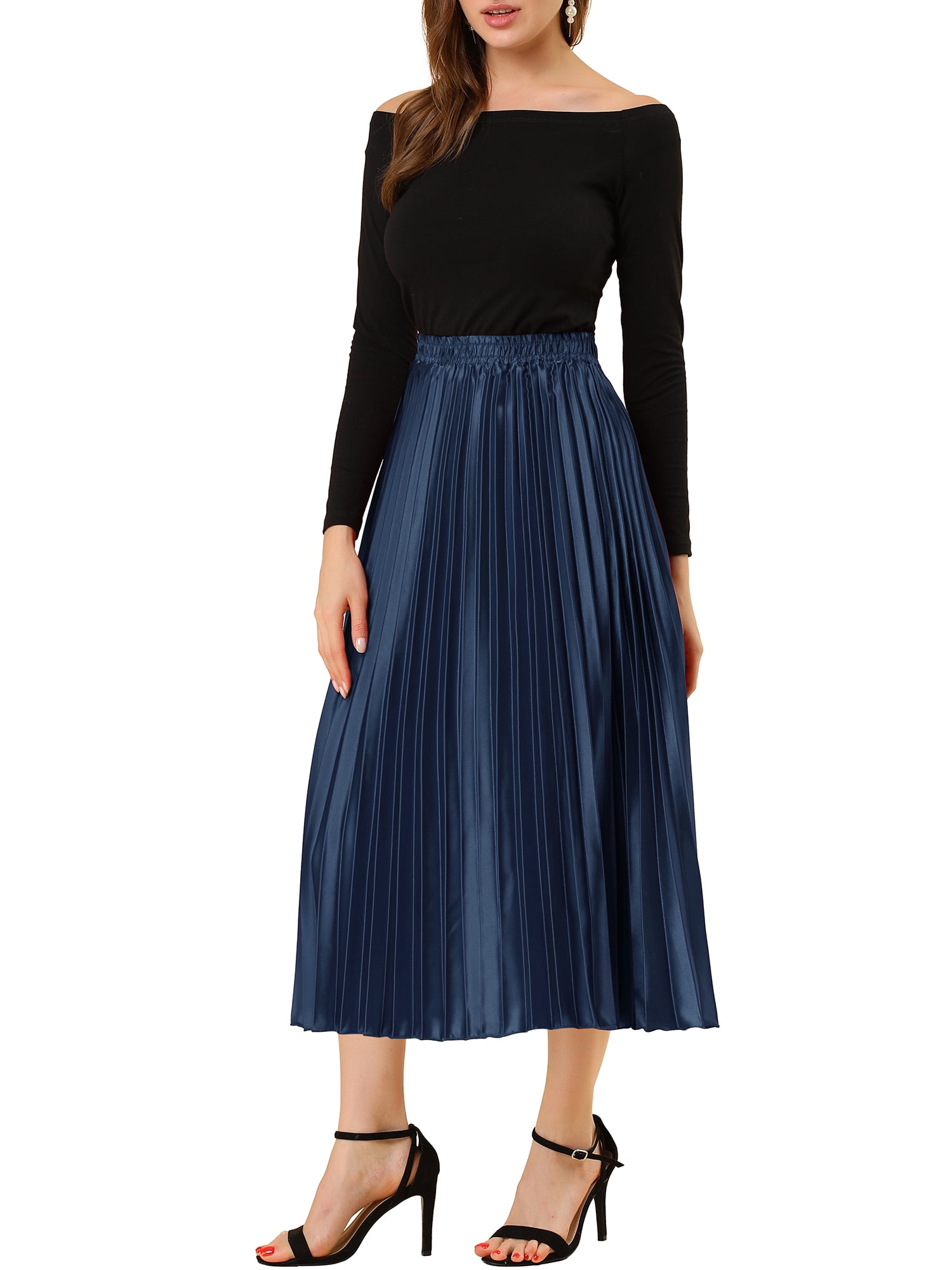 DARING DIVA Women's A-line High Waist Pleated Midi Skirt XL Dark Blue