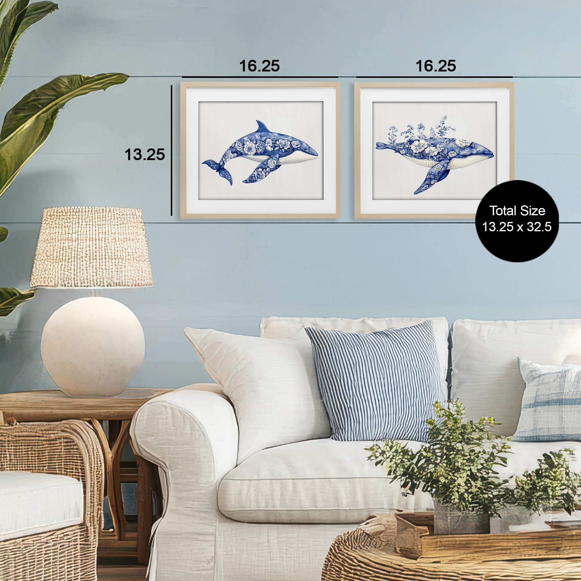 Blooming Toile Pattern Whales 2 Piece Birch Framed Print Under Glass Set, design by Lettered and Lined