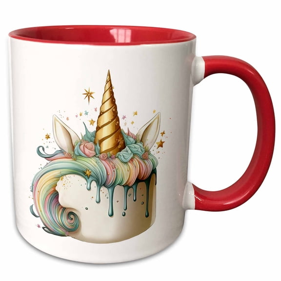 3drose, Cute Unicorn Cake Illustration, 11oz Two-tone Red Mug