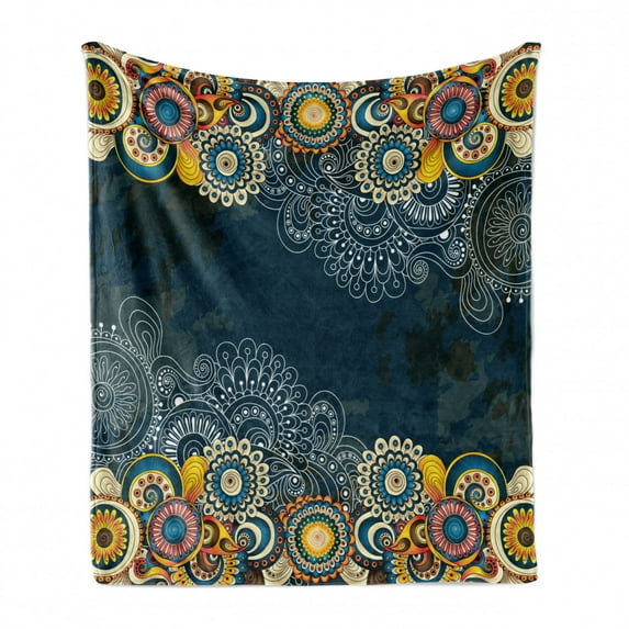 Psychedelic Soft Flannel Fleece Blanket, Floral Bizarre Design Vintage Ornaments Leaves Paisley Pop Art Mandala Print, Cozy Plush for Indoor and Outdoor Use, 60" x 80", Blue Yellow, by Ambesonne