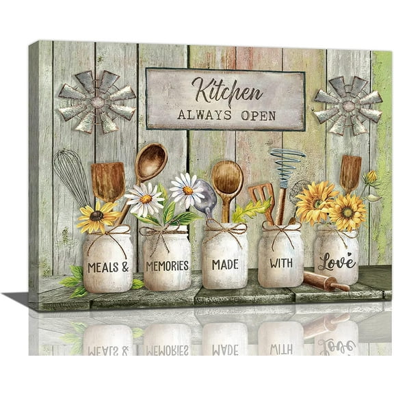 Farmhouse Kitchen Wall Art Country Tableware Pictures Wall Decor Rustic Flowers Painting Vintage Kitchen Framed Artwork Canvas Home Decorations for Dining Room Restaurant Living Room 12"x16"