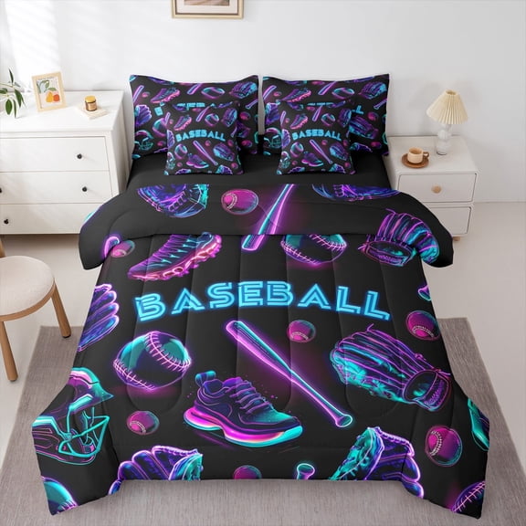 Manfei Cartoon Ball Sports Twin Bedding Sets 7-Piece, Neon Baseball Print Bedding Comforter Set, Teens Boys Girls Kids Reversible Sheet Sets, Microfiber Bedroom Decor