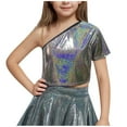thumbnail image 2 of BRGZLK Girls Glitter Metallic Dance Crop Tops Solid Color Kids Laser Shiny One ShoulderShort Sleeve Exposed Waist Tops Performance Costume Black 9-10 Years, 2 of 4