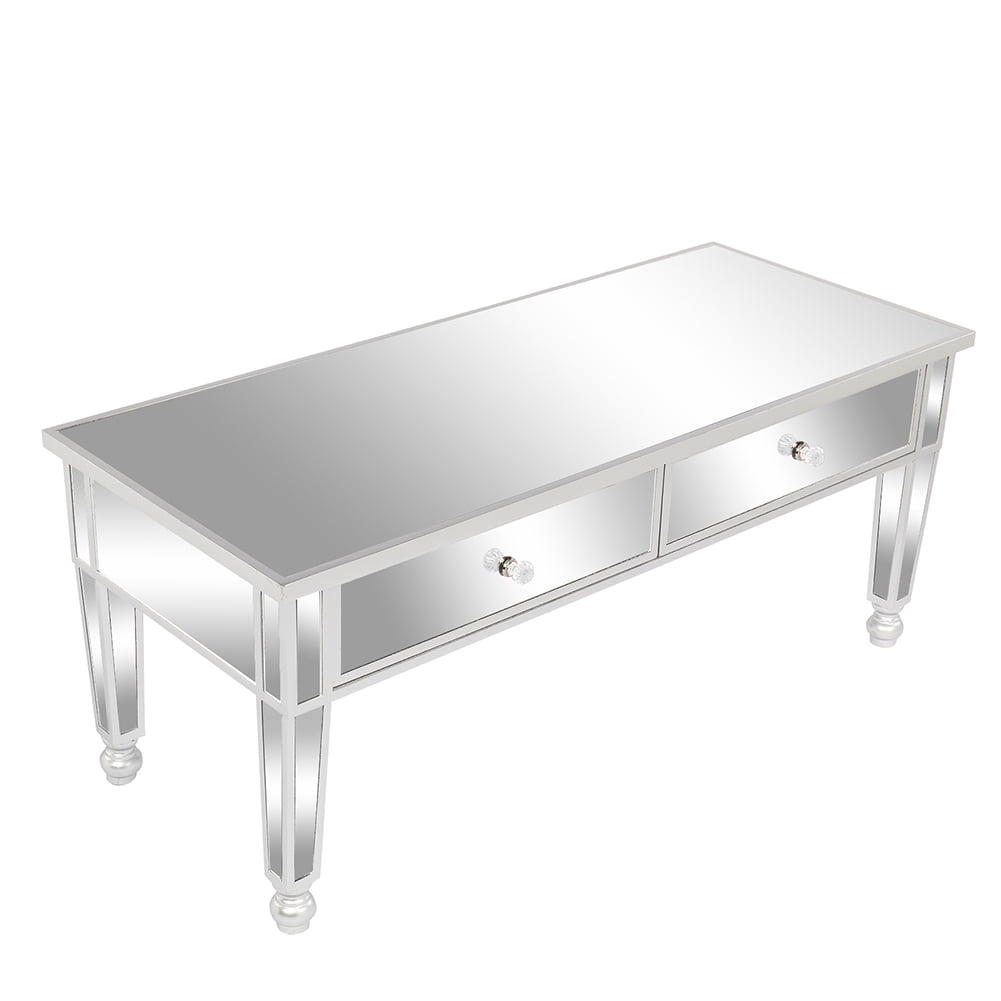 Kepooman Mirror Coffee Table with Two Drawers for Living Room, Silvery Mirror Glass Kepooman Mirror Coffee Table with Two Drawers for Living Room, Silvery Mirror Glass