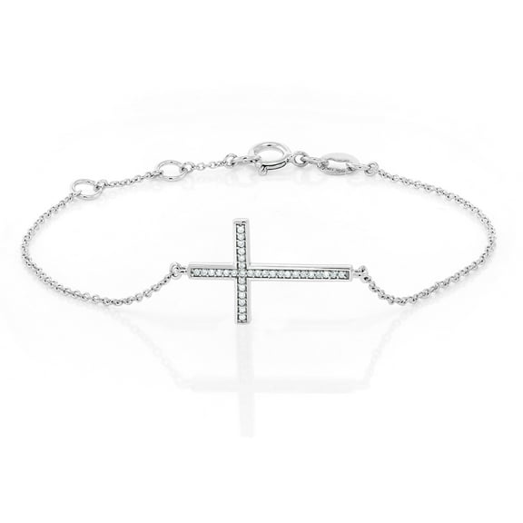 Gem Stone King Solid 10K White Gold White Diamond Cross Tennis Bracelet | 0.5 inch | Fits 6.5 inches | Religious Jewelry for Women Men