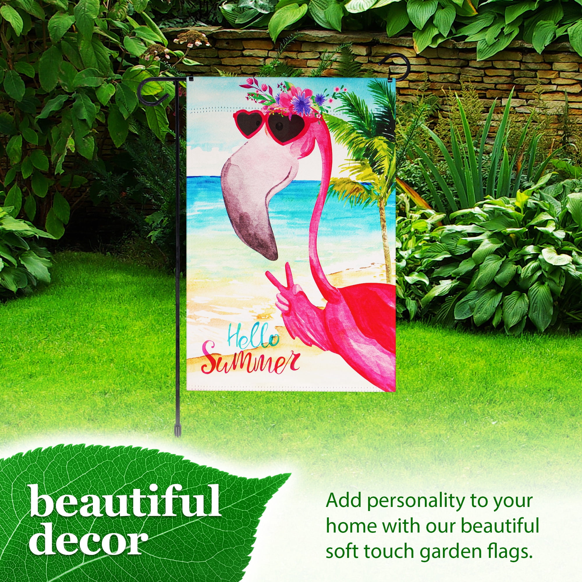 G128 Combo Pack: Garden Flag Stand Black 36 in x 16 in & Garden Flag Summer Decoration Peace Sign Flamingo 12"x18" Double-Sided Blockout Fabric