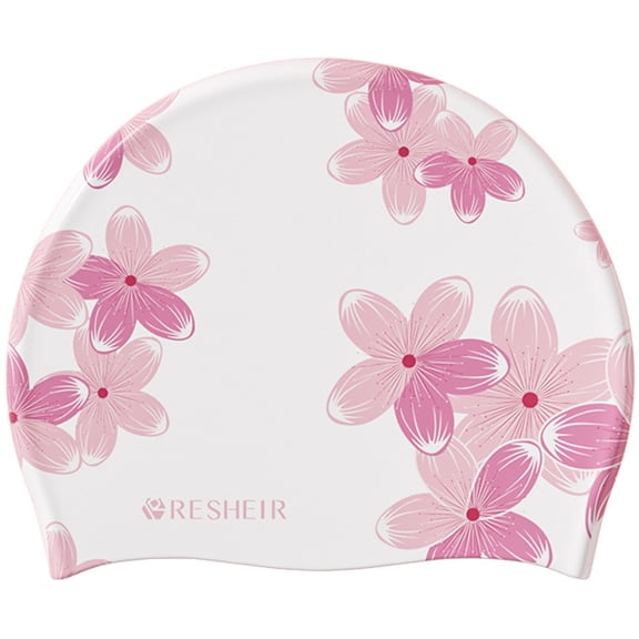 Hzzsbu Women's Silicone Swimming Cap Waterproof Swimming Hat Non-slip Printed Cherry Blossoms Cap Flexible Elastic Swimming Cap