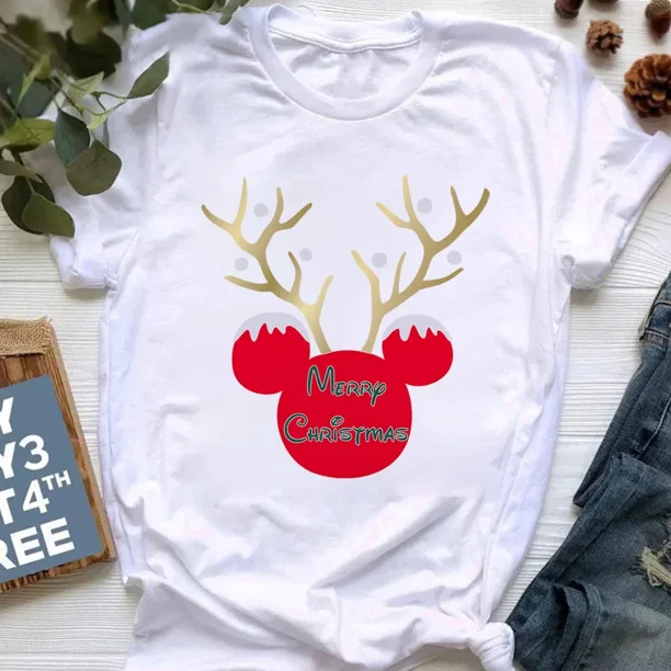 Camiseta de Feliz Navidad para mujer, camiseta de manga corta con estampado de Mickey de estética Harajuku, ropa Y2k para mujer, Tops 2024