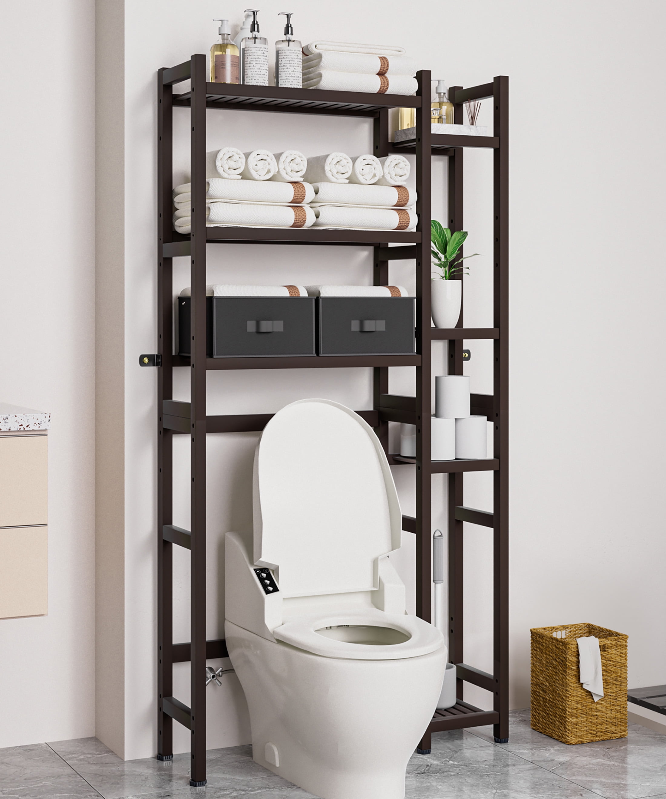 Enogets Over the Toilet Storage, Bamboo Bathroom Organizer with Adjustable Rack, Basket, Drawer & Waterproof feet