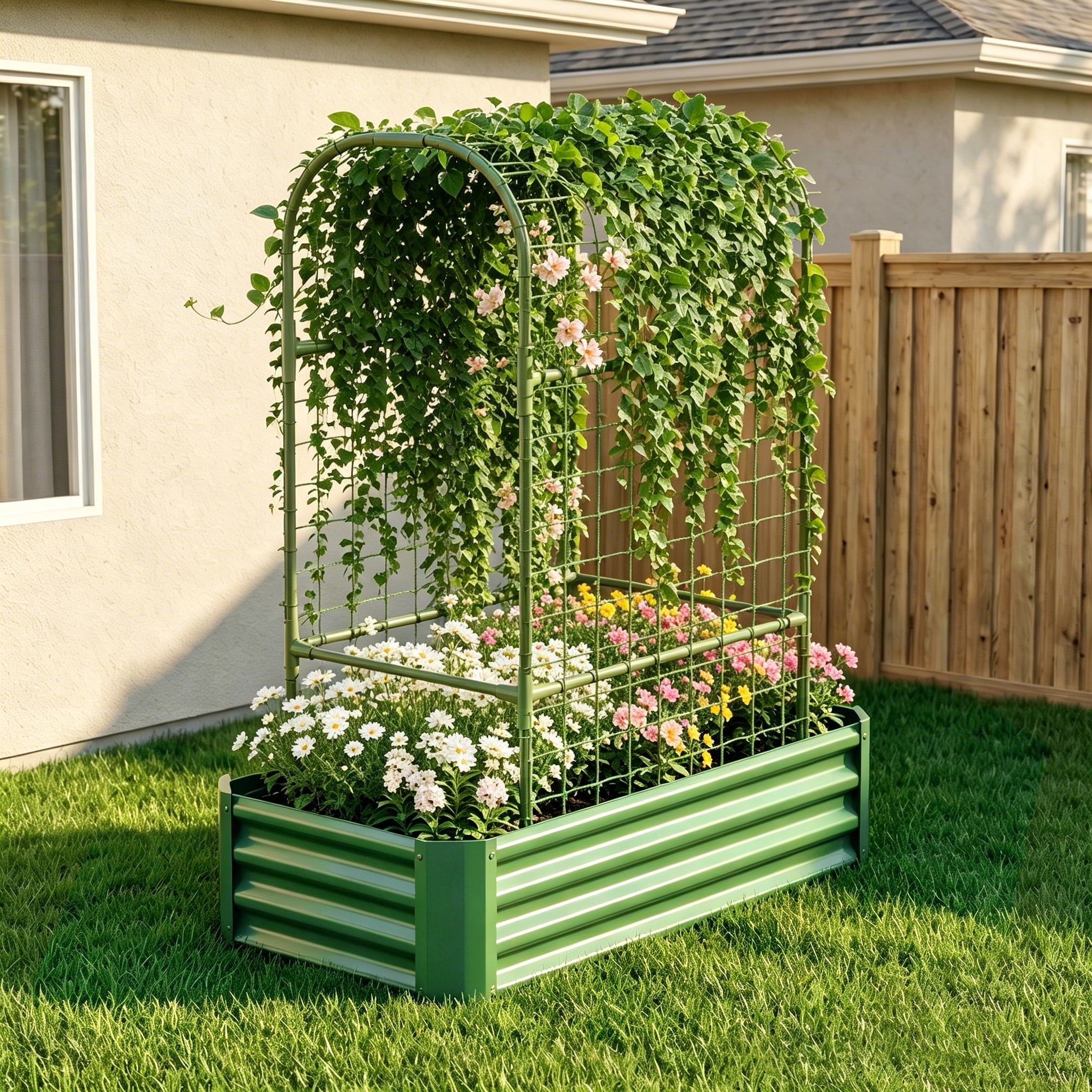 2-in-1 Galvanized Metal Raised Garden Bed with 59" Arch Trellis, 4×2×1 FT Outdoor Planter Box with Climbing Net for Vegetables Fruits Flowers