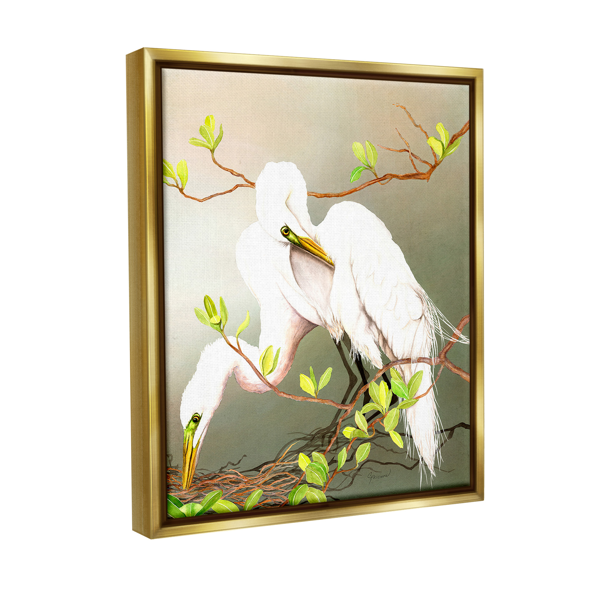 Stupell Industries Gazing Egrets on Branch Animals & Insects Painting Gold Floater Framed Canvas Art Print Wall Art, 17 x 21