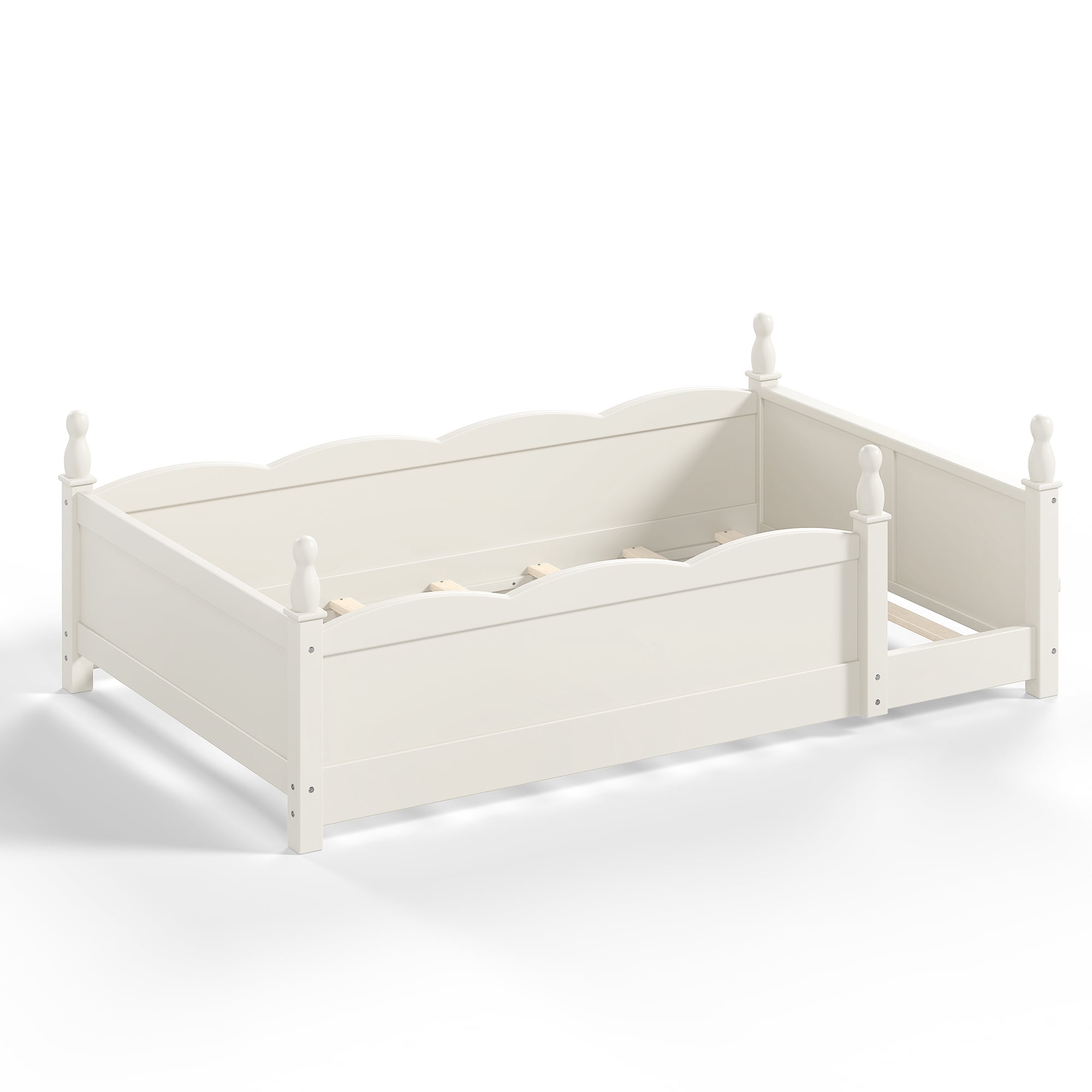Montessori Twin Floor Bed with Full-Length Guardrails and Bookshelf, Low Profile Kids Bed with Childlike Design, Beige