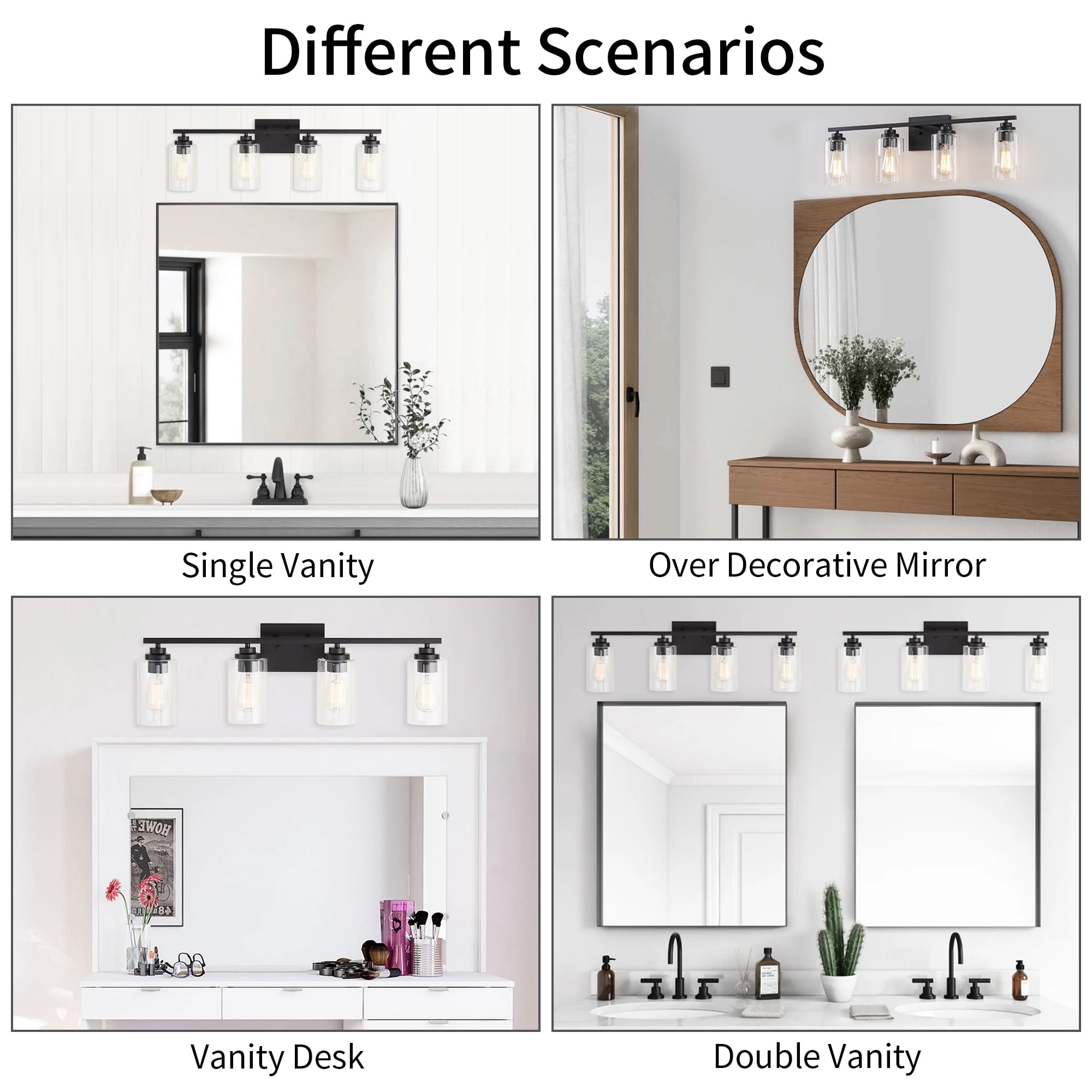 Kyrid Modern Bathroom Light Fixtures for Mirror, 4-Light Black Dimmable Vanity Light with Glass Shade, E26 Bulbs