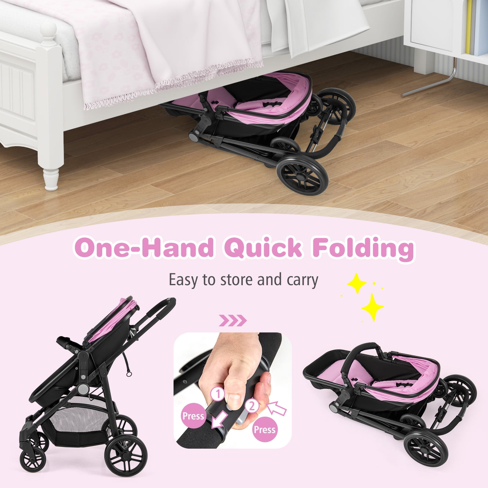 Babyjoy 2 in 1 Foldable Baby Stroller Kids Travel Newborn Infant Buggy Pushchair 22 lbs Pink