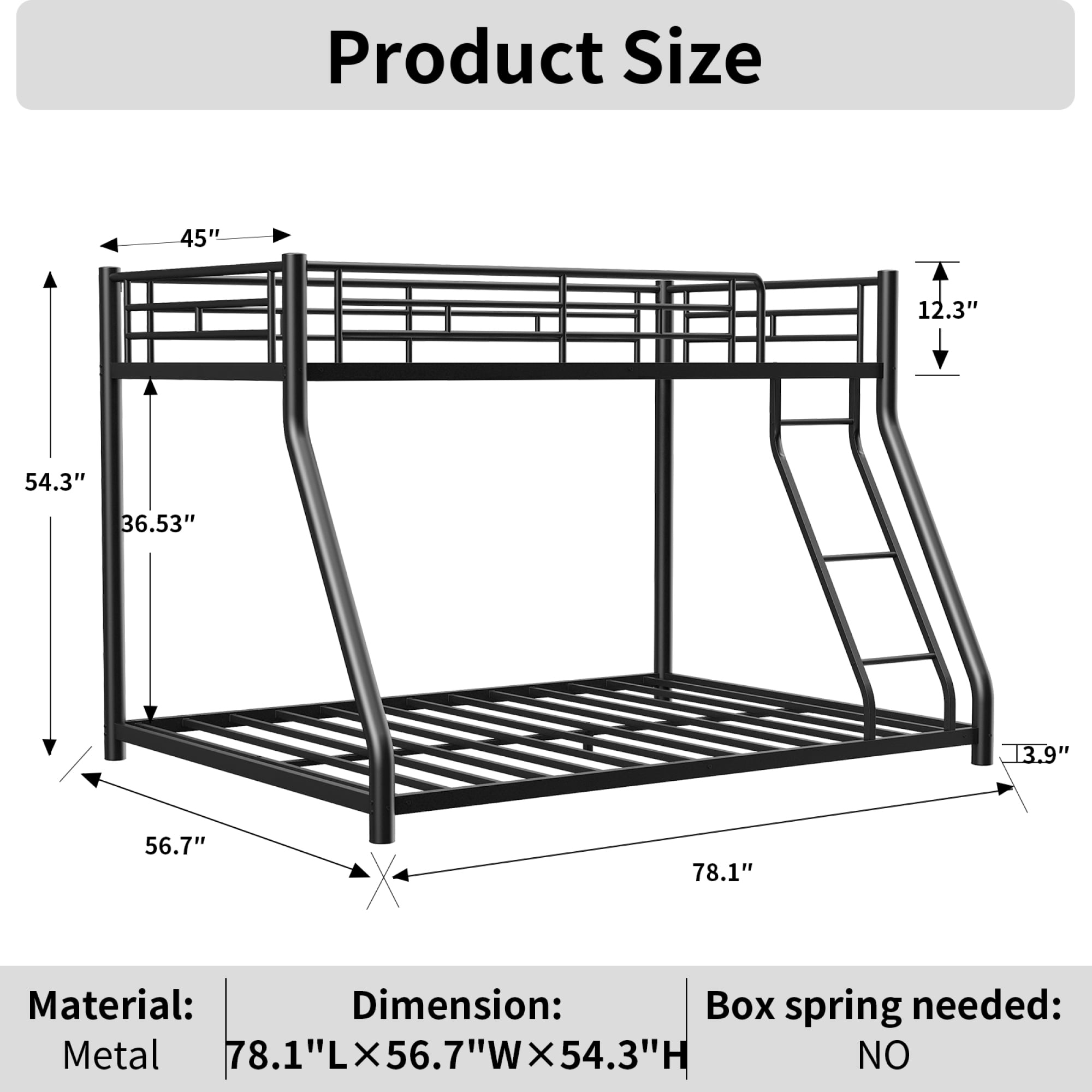 Leumius Twin Over Full Metal Bunk Bed,Heavy Duty Metal Bed Frame with Ladder & Full-Length Guardrail for Teens Adults,Black