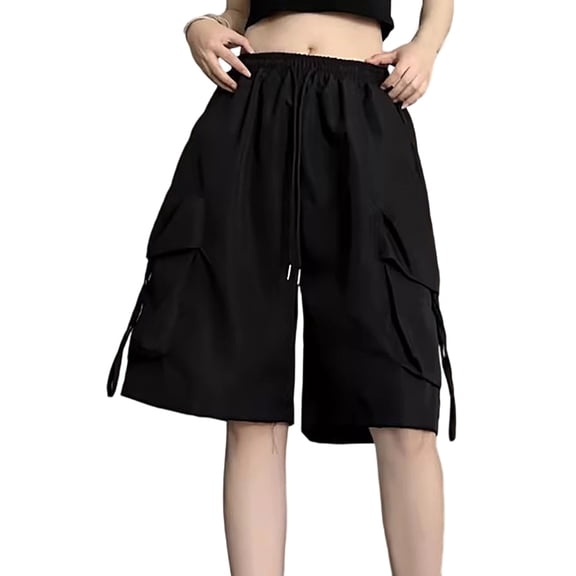 WAYUTE Shorts for Girls Drawstring Waisted Wide Leg Solid Color Cargo Shorts with Multi Pockets for Kids Youth Sports Streetwear Casual Clothes,Black