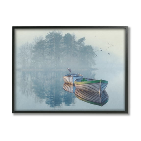 Stupell Foggy Boat Lake Reflection Landscape Painting Black Framed Art Print Wall Art