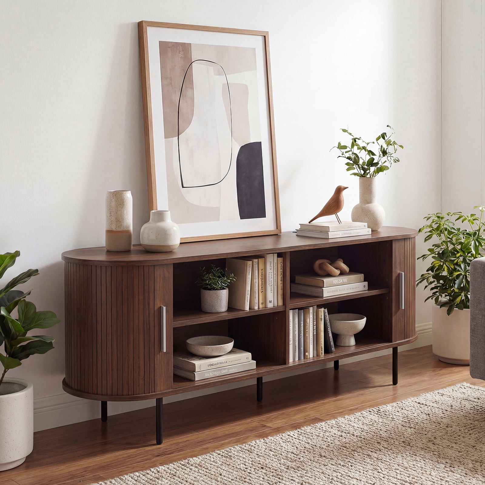 Costway Fluted TV Stand for TVs up to 60”, Mid Century Curved Entertainment Center Walnut