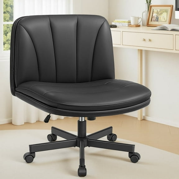ATHOPE Criss Cross Chair with Wheels, 26"W Cross Legged Office Chair, Armless Vanity Desk Chair with 2 Layer Back & Seat, Swivel Height Ajustable for Home Office Bedroom, Black PU Leather