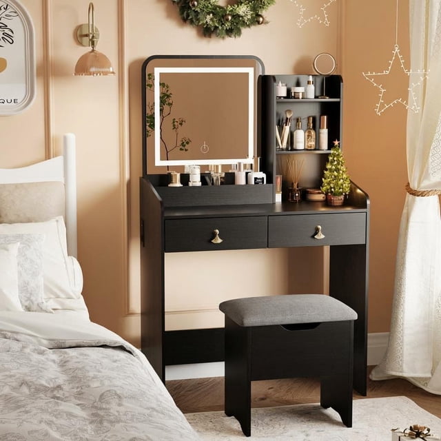 PIONEERWORKS Vanity Desk with LED Light Mirror and Charging Station, Small Makeup Vanities Set with 2 Drawers for Girls Women with Storage Stool, Black