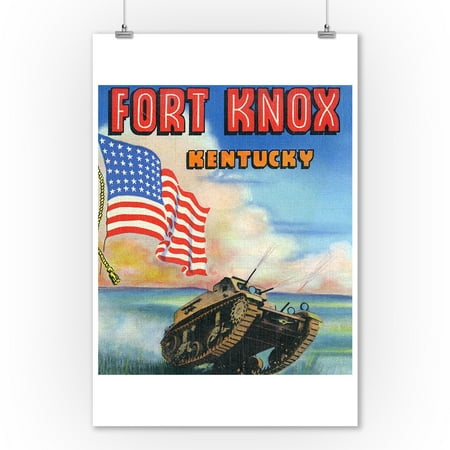 Art Print Tank Top - Fort Knox, Kentucky - Large Letters, View of a Tank and the US Flag (9x12 Art Print, Wall Decor Travel Poster)