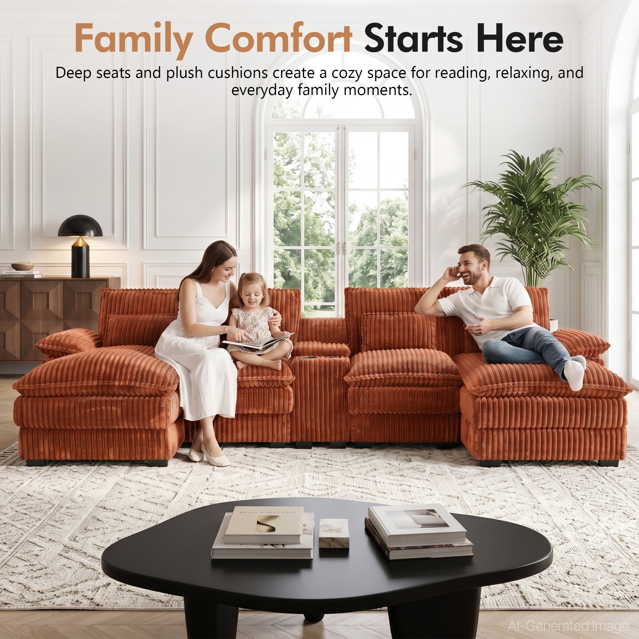 Aenkyo 125 Inch Chenille U-Shaped Sectional Sofa with Console and USB Ports, Orange
