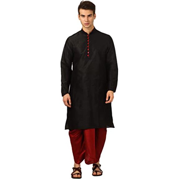 Royal Kurta Men's Art Silk Dhoti Kurta Set (40, Black)