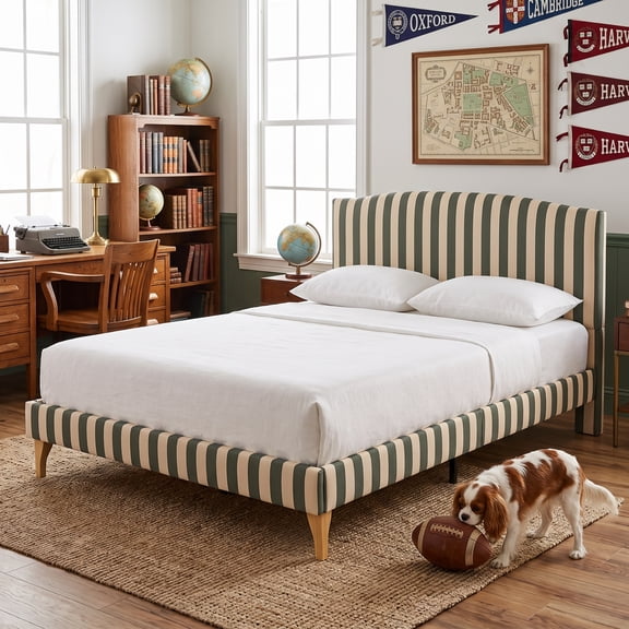 Queen Size Striped Upholstered Platform Bed Frame with Arched Headboard, Wood Slats, Sage Green