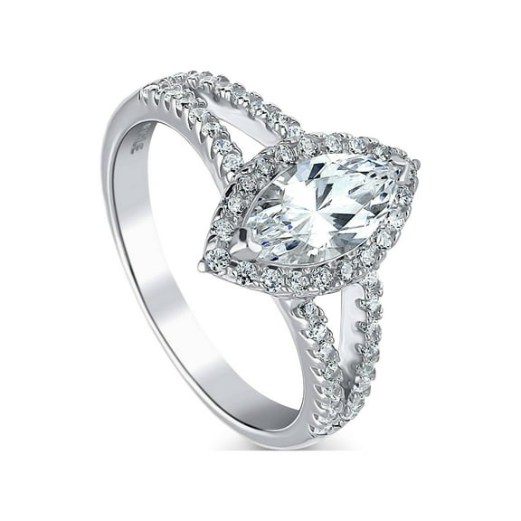 BERRICLE Sterling Silver Halo Wedding Engagement Rings Marquise Cut Cubic Zirconia CZ Promise Split Shank Ring for Women, Rhodium Plated Size 9